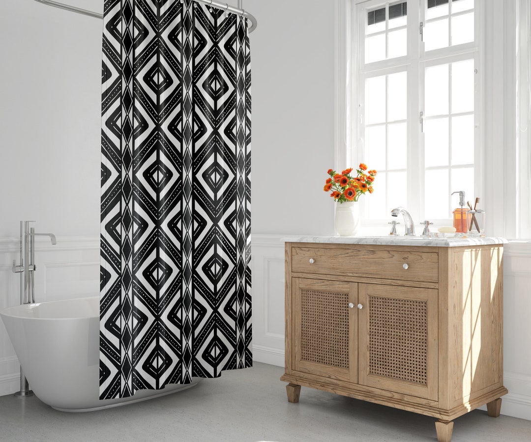 Black & White Boho Shower Curtain, Mud Cloth Bath Curtain, Abstract ...