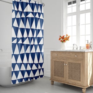 Navy Blue And White Minimalist Mid-Century Shower Curtain -  Abstract Triangle Shower Curtain, Tribal Zig Zag Bath Decor
