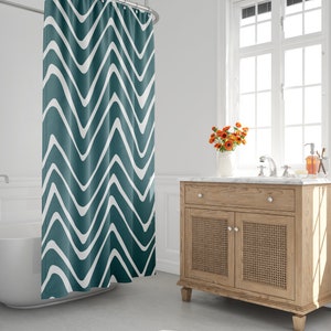 Turquoise & White Boho Shower Curtain, Mid-Century Bath Curtain, Minimalist, Mudcloth, Chevron, Zig Zag, Abstract, Tribal, Bath Room Decor
