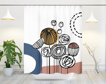 Tenda Da Doccia In Tessuto Boho Mid-Century, 152x72 Cm, Con Stampe Arcobaleno, Sole, Luna E Foglie, Decorazione Bagno Moderna