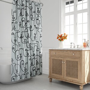 Mid-Century Modern Shower Curtain, Boho Bath Curtain, Faces, Abstract, Minimalist, Contemporary, Continous Line Face, House Warming