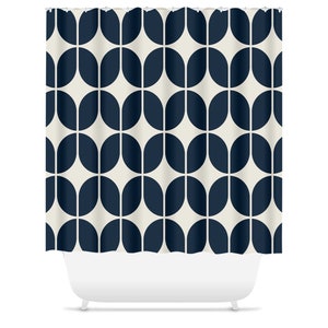 Mid-Century Navy Blue And Beige Minimalist Geometric Shower Curtain Retro Bath Shower Curtain, Modern Bath Decor, House Warming Gift image 3