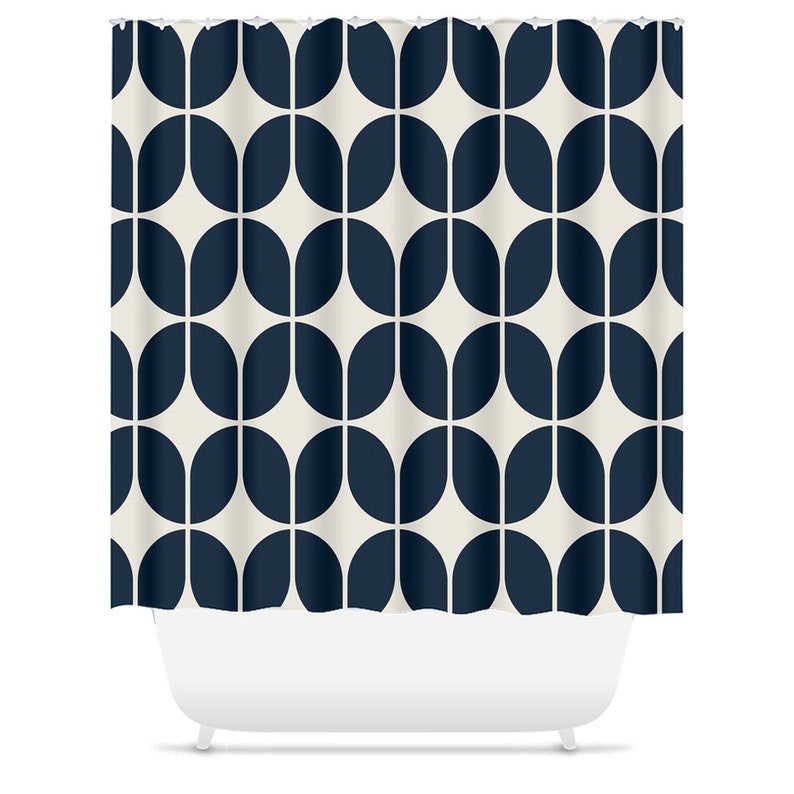 Mid-Century Navy Blue And Beige Minimalist Geometric Shower Curtain Retro Bath Shower Curtain, Modern Bath Decor, House Warming Gift image 3