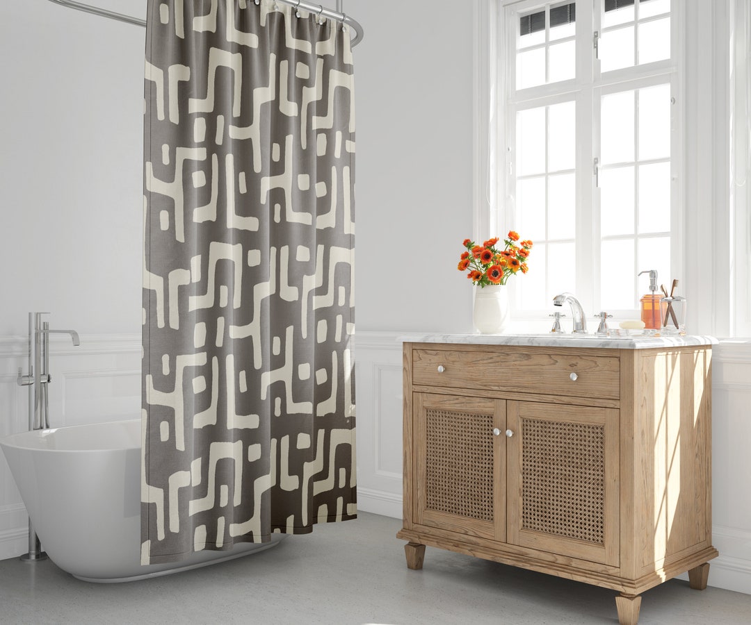 Grey & Beige Boho Shower Curtain, Mud Cloth Shower Curtain, Abstract ...