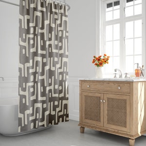 Grey & Beige Boho Shower Curtain, Mud Cloth Shower Curtain, Abstract, Tribal, Kuba Cloth, Minimalist, African Print, Bath Room Decor