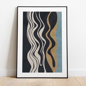 May include: Abstract art print with wavy lines in black, white, beige, and blue colors. The print is framed in a black frame.