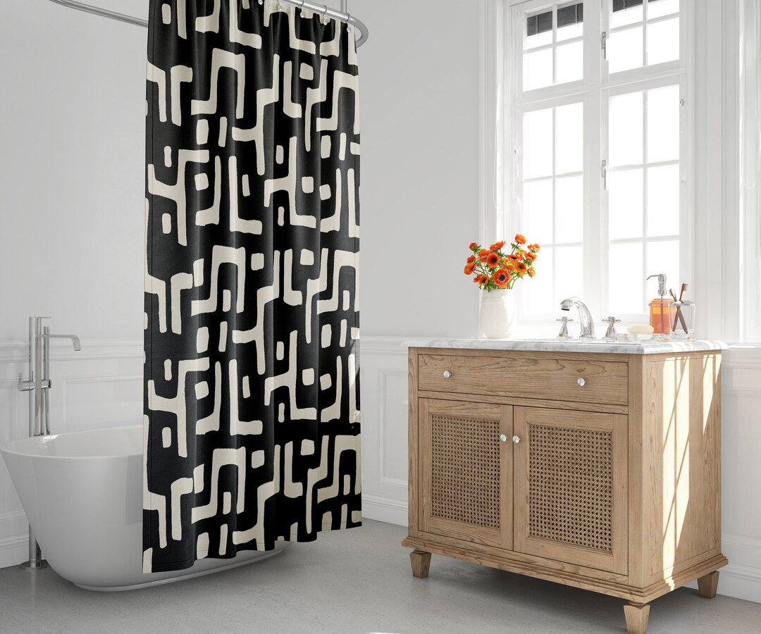 Black & White Boho Shower Curtain, Mud Cloth Shower Curtain, Abstract