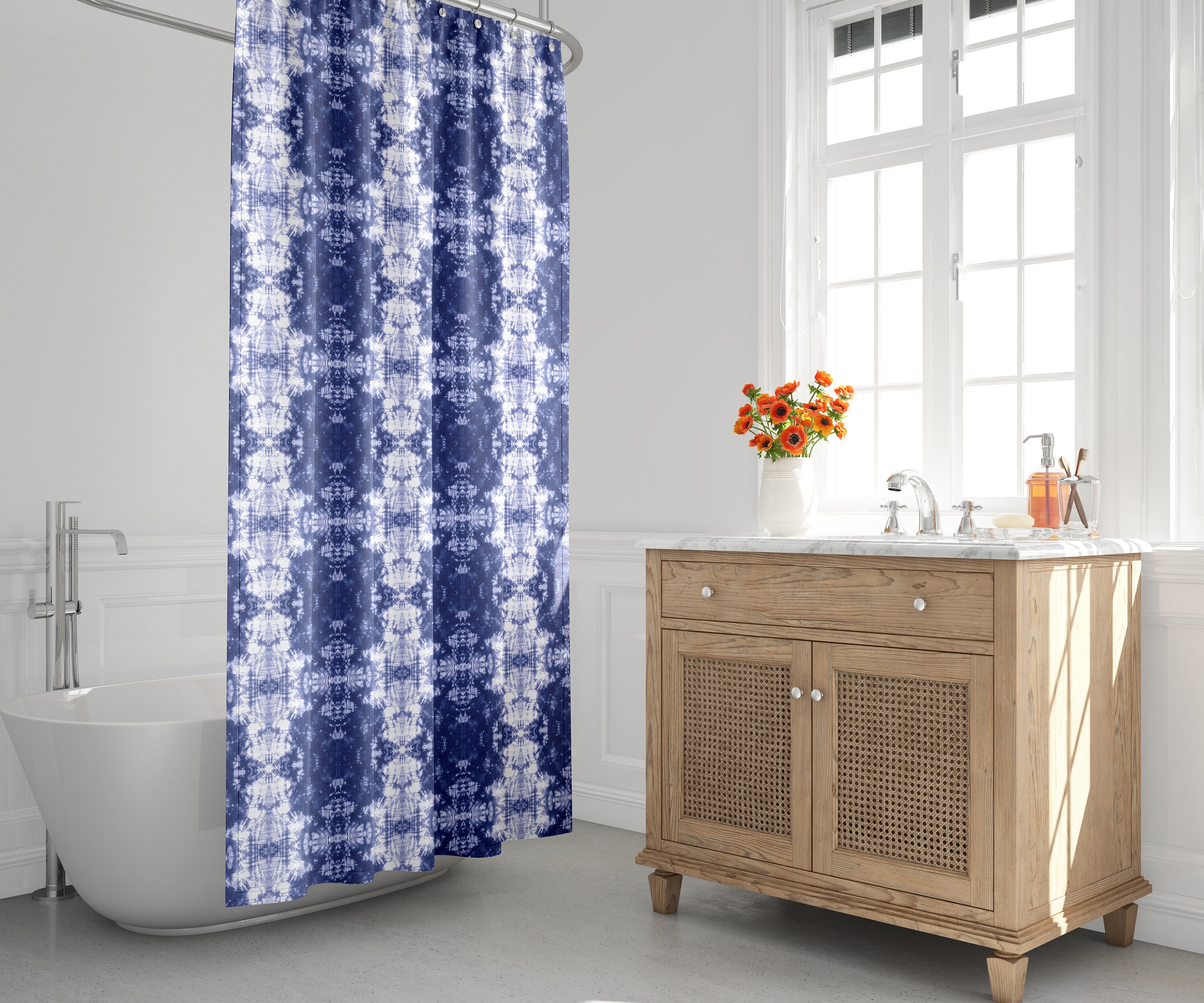 Shibori Shower Curtain Navy Blue and White Tie Dye Shower Etsy UK