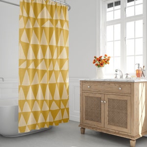 Mustard Minimalist Mid-Century Abstract Triangle Shower Curtain - Tribal Zig Zag Shower Curtain, Contemporary Bath Decor