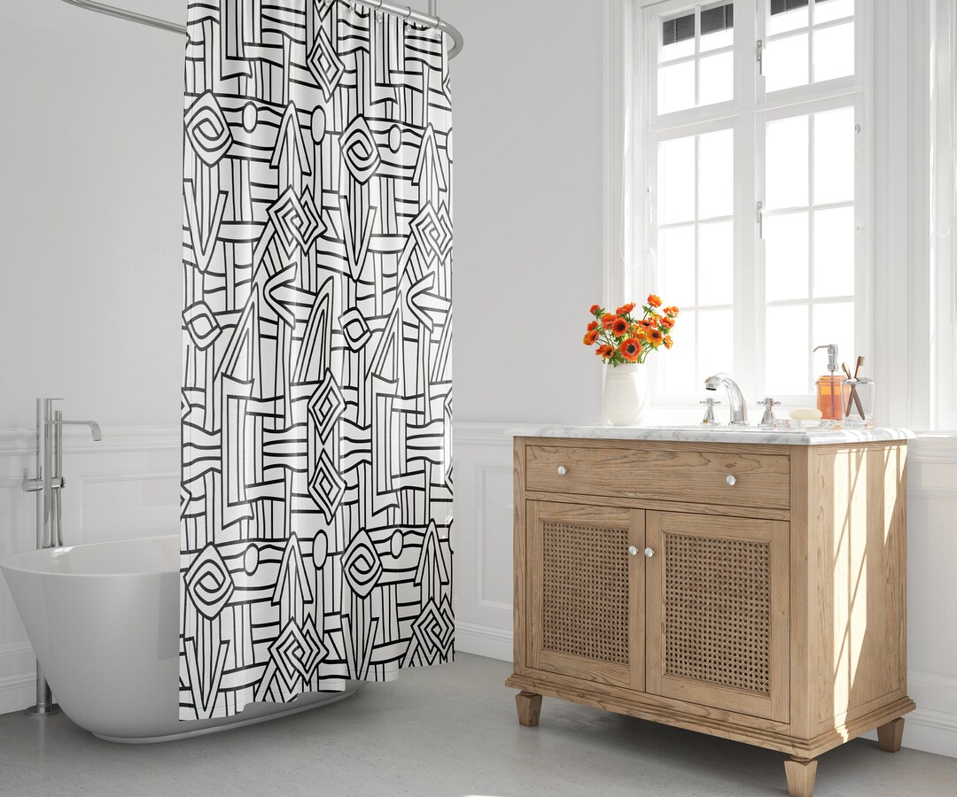 White & Black Boho Shower Curtain, Mud Cloth Shower Curtain, Minimalist ...
