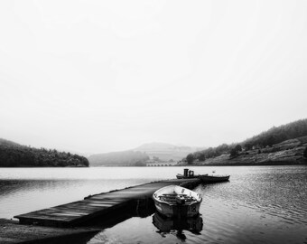 Moored Boat Black and White Photography Print - Ladybower, UK (Digital Download)