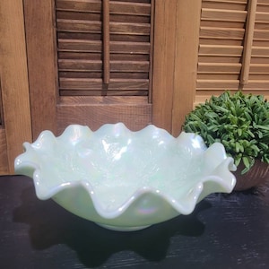 Fenton silver crest opalescent ruffled dish Holly and berries authentic vintage carnival glass