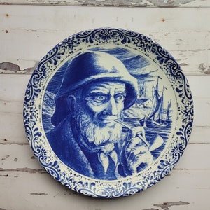 Vintage blue Boch Freres La Louviere, Belgium old man sailor plate holland