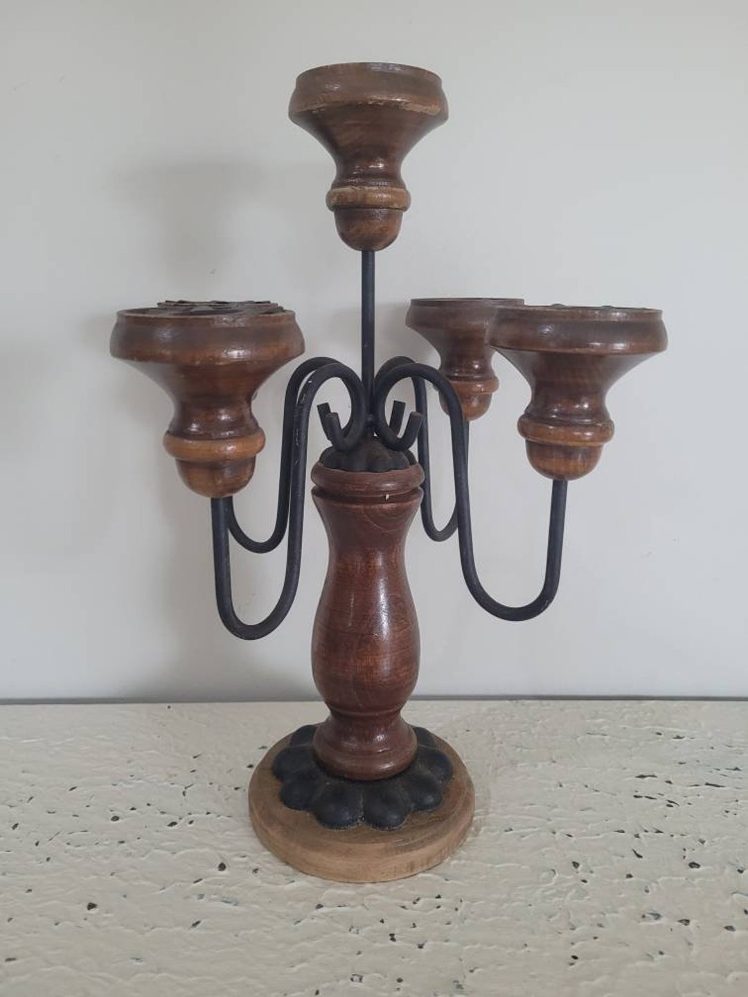 MCM Vintage Candelabras Wood and Rod Iron Gothic Candlestick Etsy