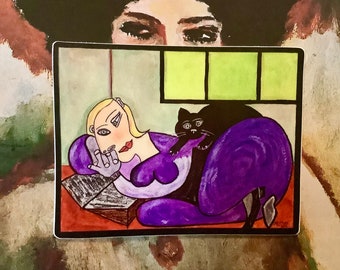AUTOCOLLANT 3 po. Inspiré de Picasso, Femme lisant avec un chat noir sur la hanche Art original