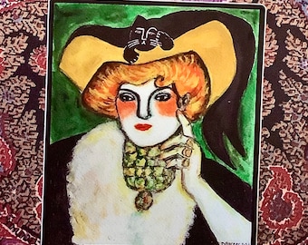 AUTOCOLLANT 3 po. Inspiré de Picasso, femme avec un chat noir dans un chapeau, oeuvre d'art originale