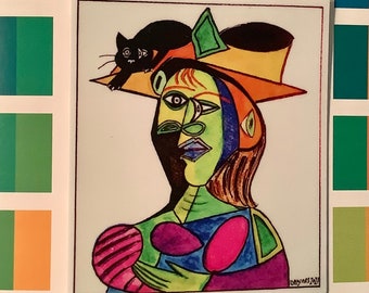 AUTOCOLLANT 3 po. Inspiré de Picasso, femme cubiste avec chapeau de chat noir, oeuvre d'art originale