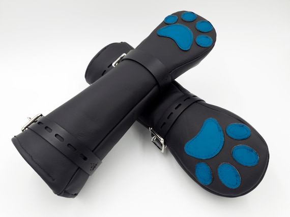 BDSM Leather Kitten Mittens Mitts Gloves with paw pads and lockable buckles ~ LIGHT BLUE Paw Pads