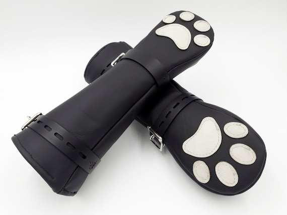 BDSM Leather Kitten Mittens Mitts Gloves with paw pads and lockable buckles ~ WHITE Paw Pads