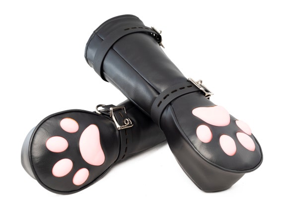 BDSM Kitten Faux Leather Mittens Mitts Gloves with SILICONE paw pads and lockable buckles ~ LONG