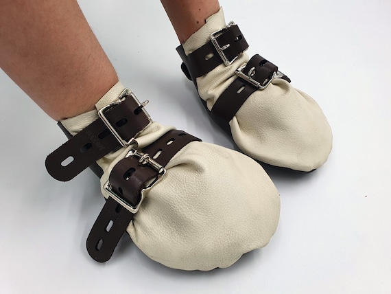 Medical Brown and White Leather Fist Mitts Mittens Gloves  Bondage BDSM