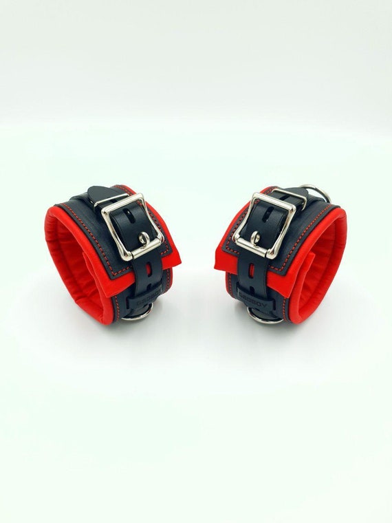 G8DBOY Leather Ankle Restraints ~ Red Padding.  BDSM, Puppy Play, Kitten Play, Handcuffs, Bone, Openwork