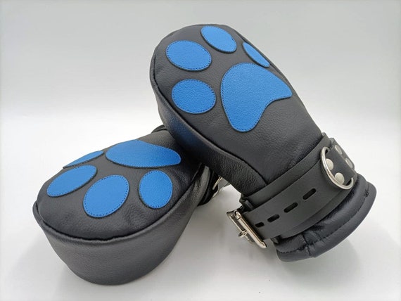 BDSM Leather Mittens Mitts Gloves with cat paw pads and lockable buckles ~ SHORT