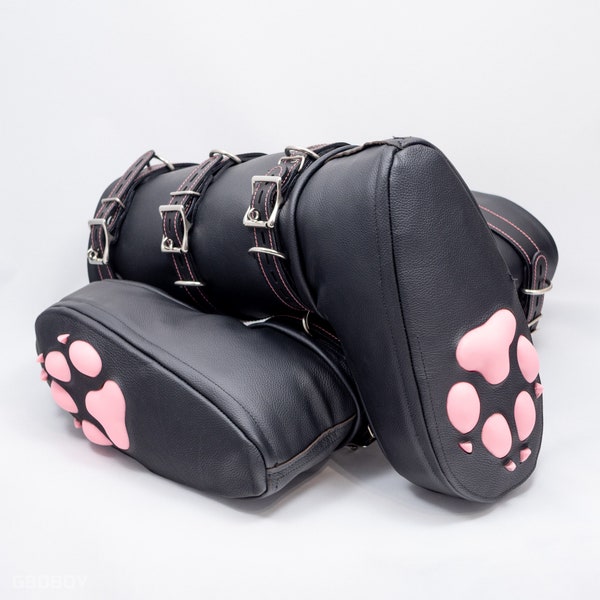 BDSM Puppy Leather Leg Mittens Boots With Silicone Pads and locking buckles