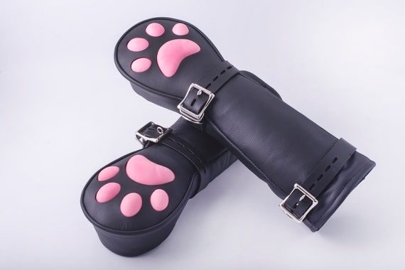 BDSM Kitten Leather Mittens Mitts Gloves with SILICONE paw pads and lockable buckles ~ LONG