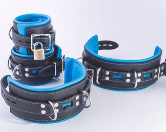 CUSTOMIZABLE BDSM Leather  Wrist & Ankle Cuffs Set, Restraints - Puppy Play, Kitten Play, Leather Handcuffs Set