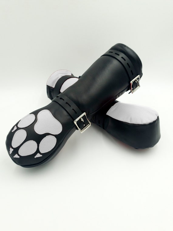 BDSM Leather Mittens Mitts Gloves with paw pads and lockable buckles ~ WHITE Top and Paw Pads