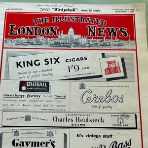 May include: A vintage copy of The Illustrated London News from February 7, 1953, featuring advertisements for cigars, champagne, and other products. The cover is red and white with text and illustrations.