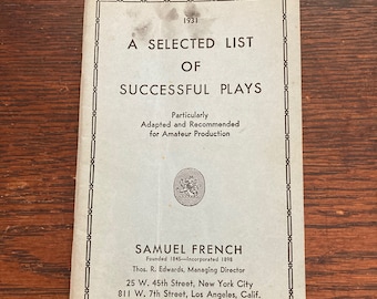 VINTAGE 1931 CATALOGUE - "A Selected List of Successful Plays" from Samuel French