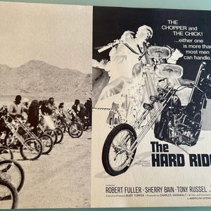 May include: Black and white movie poster for "The Hard Ride" featuring a chopper motorcycle and the text "The Chopper and The Chick!" The poster also shows a group of people on motorcycles and the names of the actors.