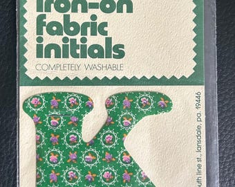 Vintage 1970s IRON-ON Fabric patch - Floral Print  &quot;K&quot;  Cottage Core  Groovy  New-OLD
