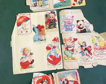 Vintage 1940s Lot of VALENTINES DAY cards from a scrapbook - used