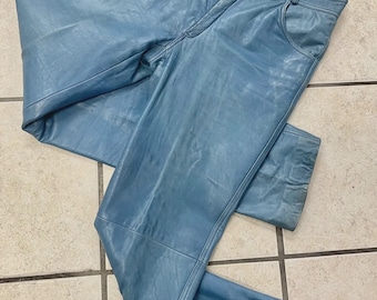 Pantalones italianos de cuero auténtico azul, hechos a mano por Arnold Churgin, talla 46 (talla italiana).