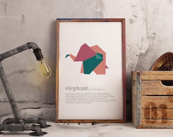 Printable Gift, Poster, Geometric Animals, Pastel Prints, Origami elephant, Decor