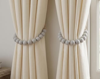 Graue Holzperlen-Raffhalter mit Haken, Boho-Wohnzimmerdeko, Vorhanghalter im Landhausstil