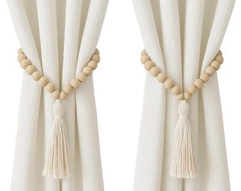Beaded Curtain Tiebacks Set: Boho Window Drapery Holdbacks with Brass Hooks
