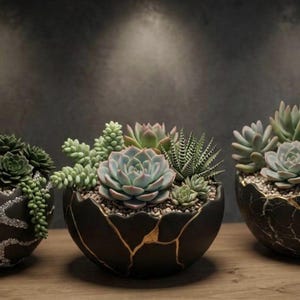 Puede incluir: Tres arreglos decorativos de suculentas en cuencos de cerámica negros agrietados con detalles dorados. Las suculentas son de varios tonos de verde y verde azulado, con una variedad de texturas y formas. Los cuencos están sobre una superficie de madera.