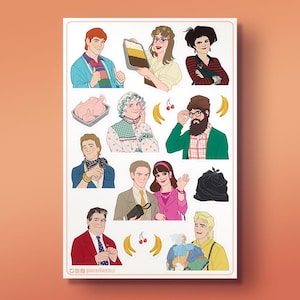 May include: A sticker sheet with cartoon illustrations of people and objects. The images include a cooked chicken, bananas, and a bin bag. The style is reminiscent of cartoon art, with a variety of characters and items.