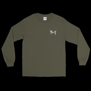 May include: A long-sleeved t-shirt in a dark green color with a small embroidered image of a brown and white dog on the left chest.