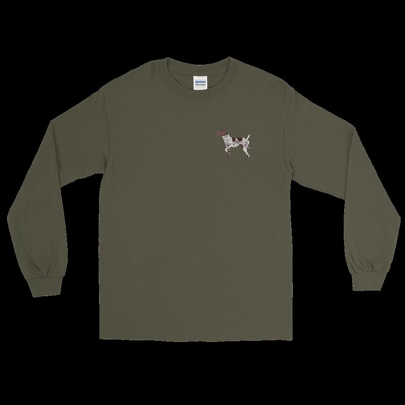 May include: A long-sleeved t-shirt in a dark green color with a small embroidered image of a brown and white dog on the left chest.