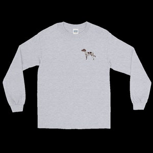 May include: A heather gray long-sleeve t-shirt with a small embroidered image of a brown and white German Shorthaired Pointer dog.