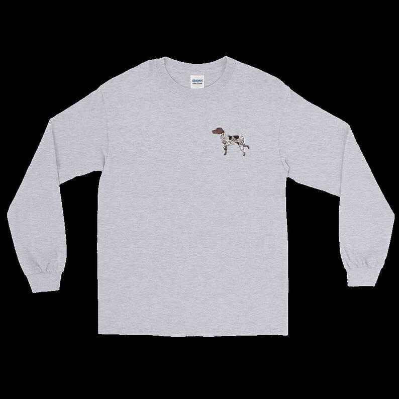 May include: A heather gray long-sleeve t-shirt with a small embroidered image of a brown and white German Shorthaired Pointer dog.