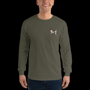 May include: A long-sleeved, olive green t-shirt with a small embroidered image of a brown and white German Shorthaired Pointer dog.