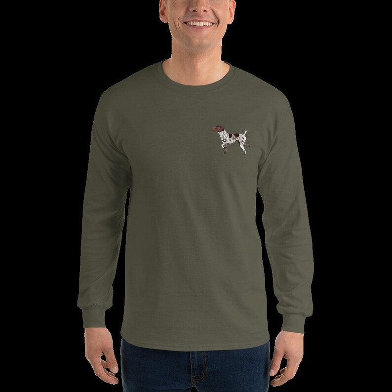 May include: A long-sleeved, olive green t-shirt with a small embroidered image of a brown and white German Shorthaired Pointer dog.