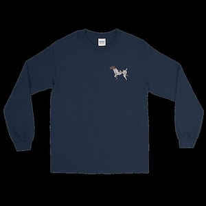 May include: A navy blue long-sleeve t-shirt with a small embroidered image of a brown and white German Shorthaired Pointer dog.