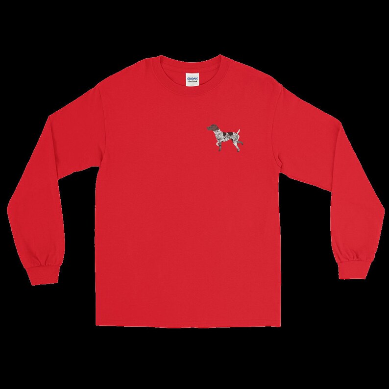 May include: Red long-sleeve t-shirt with a small embroidered image of a black and white dog on the left chest.